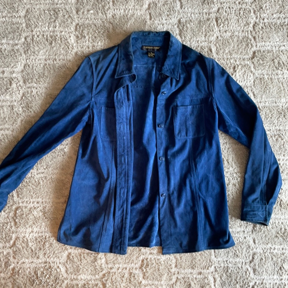 Blue suede leather shirt jacket